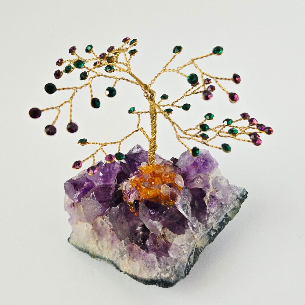 Amethyst Crystal Bonsai Tree of Life Wire Wrapped w/ Purple & Green Rhinestones